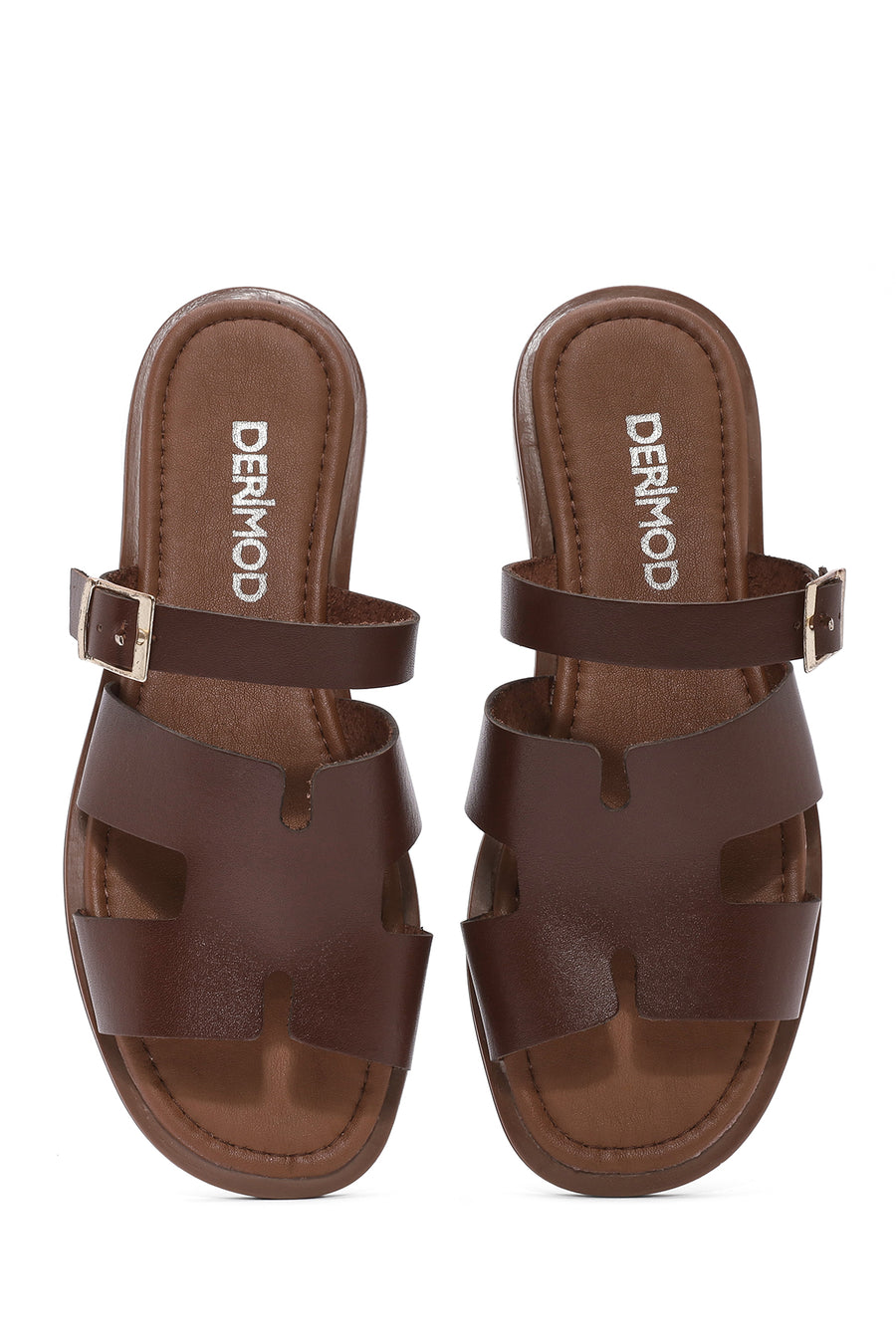 Women's Brown Buckled Leather Slippers