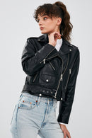 Newage Women's Black Slim-Fit Biker Leather Jacket | Derimod