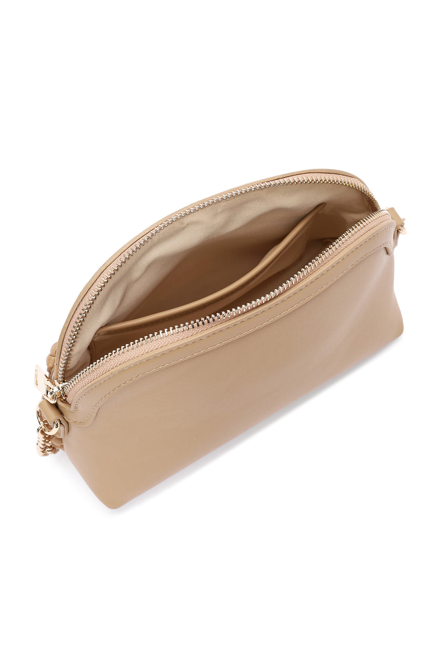 Woman Beige Long Braided Crossbody Bag with Chain Strap