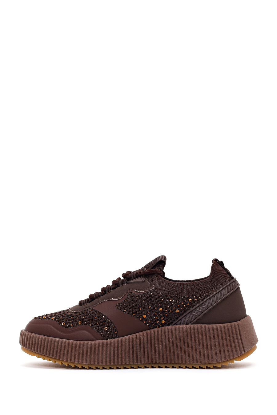 Derimod Zero Women's Brown Lace-up Thick Sole Rhinestone Fabric Sneaker