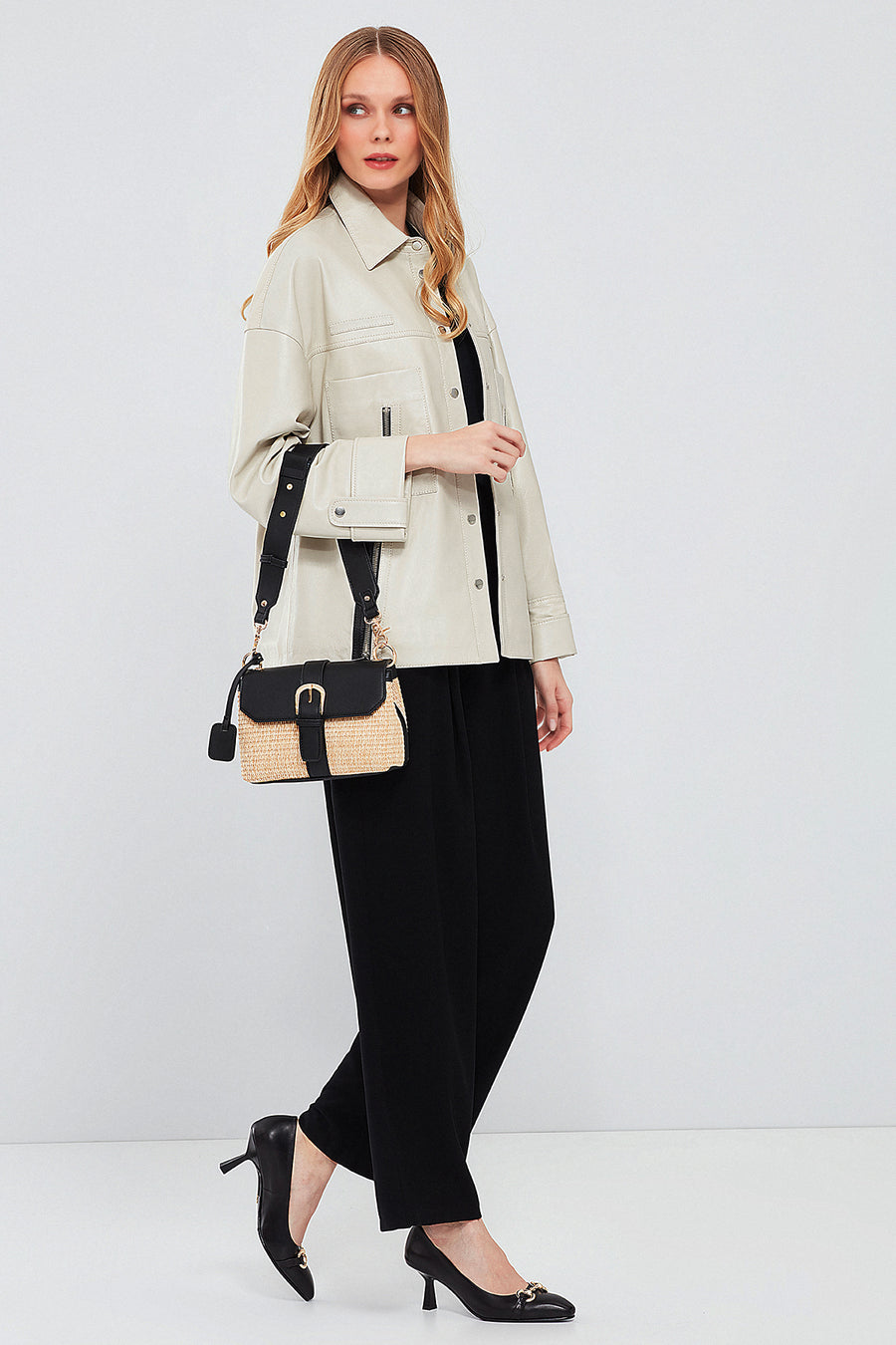 Farrah Women's Beige Oversize Leather Jacket