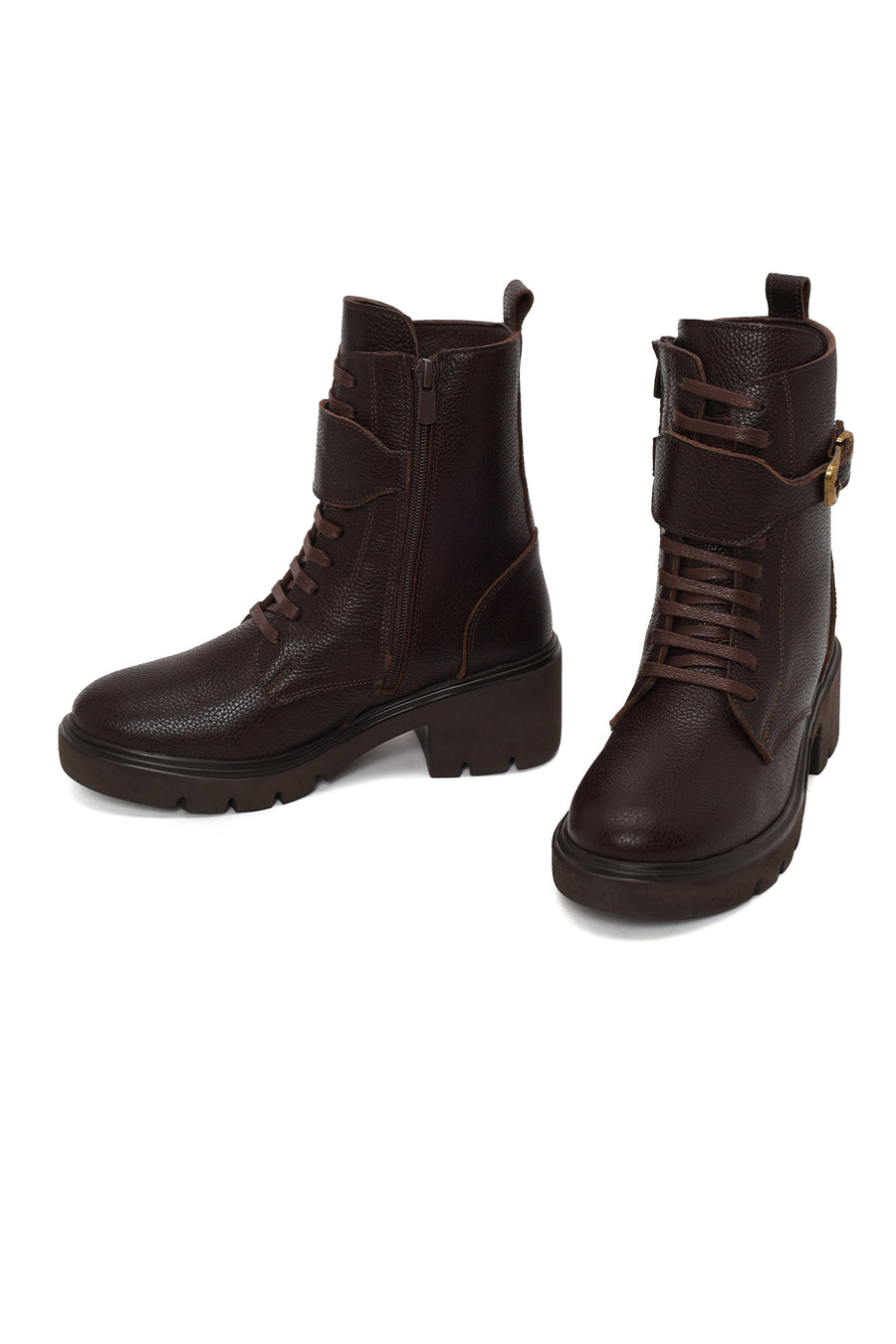 Woman Brown Zip Closure Thick-Heeled Leather Combat Boots
