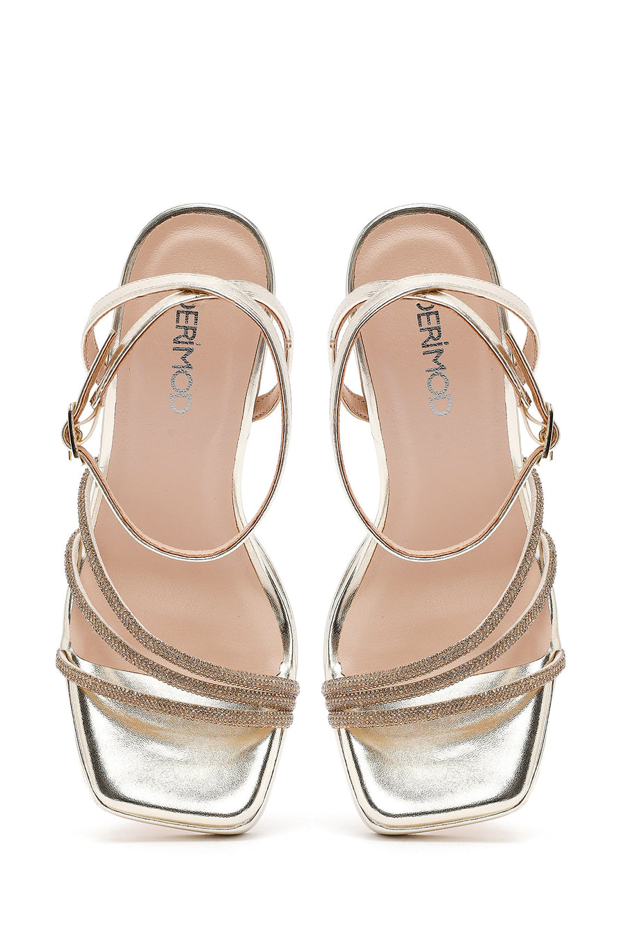 Women's Gold Ankle-Tie Thick High Heel Evening Sandals