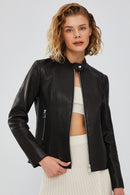 Pam Women's Black Short Leather Jacket | Derimod