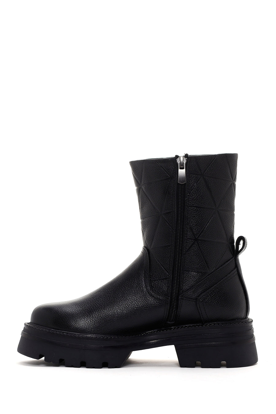 Women's Black Zippered Thick-Sole Leather Boots