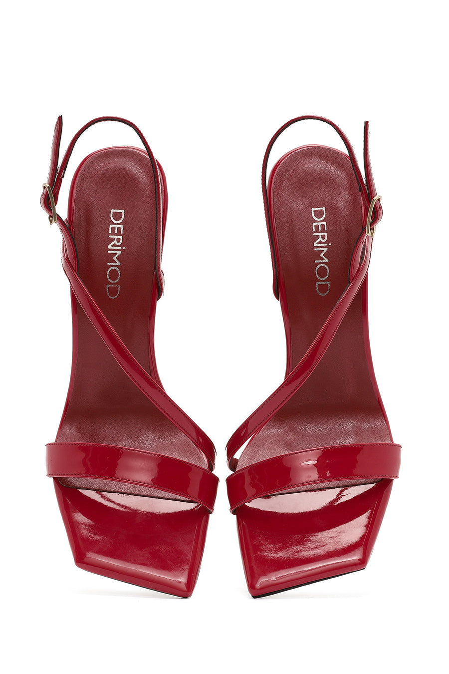 Women's Red Ankle Buckle High Thin Heel Patent Leather Sandals