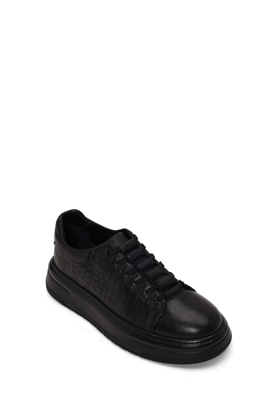 Erkek Siyah Bağcıklı Kalın Tabanlı Kroko Desenli Deri Sneaker