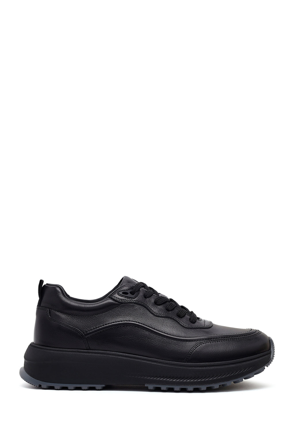 Erkek Siyah Bağcıklı Kalın Tabanlı Deri Casual Sneaker
