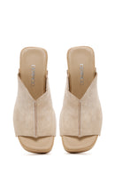 Women's Beige Thick Heeled Suede Leather Slippers | Derimod