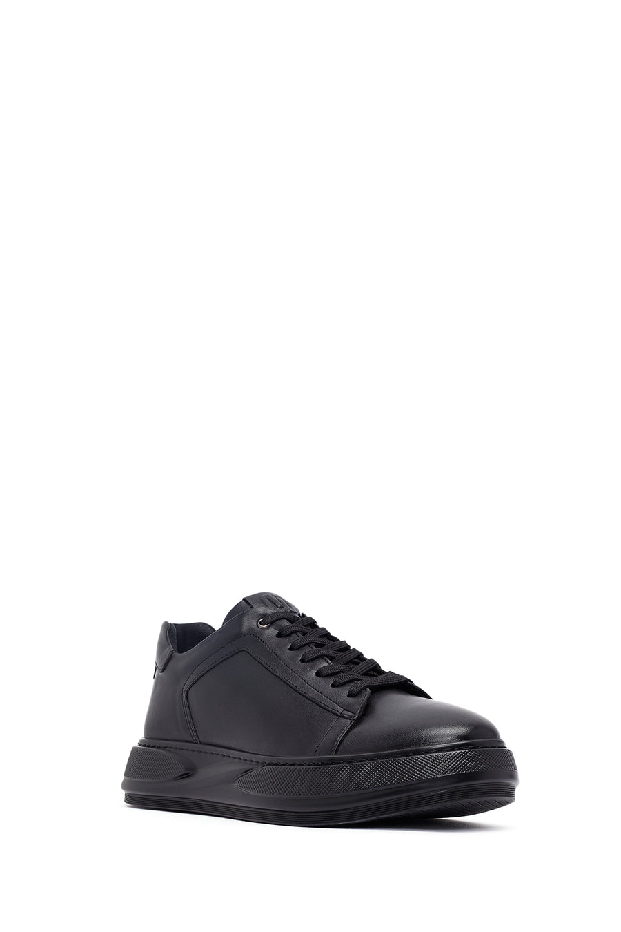 Erkek Siyah Bağcıklı Kalın Tabanlı Deri Sneaker