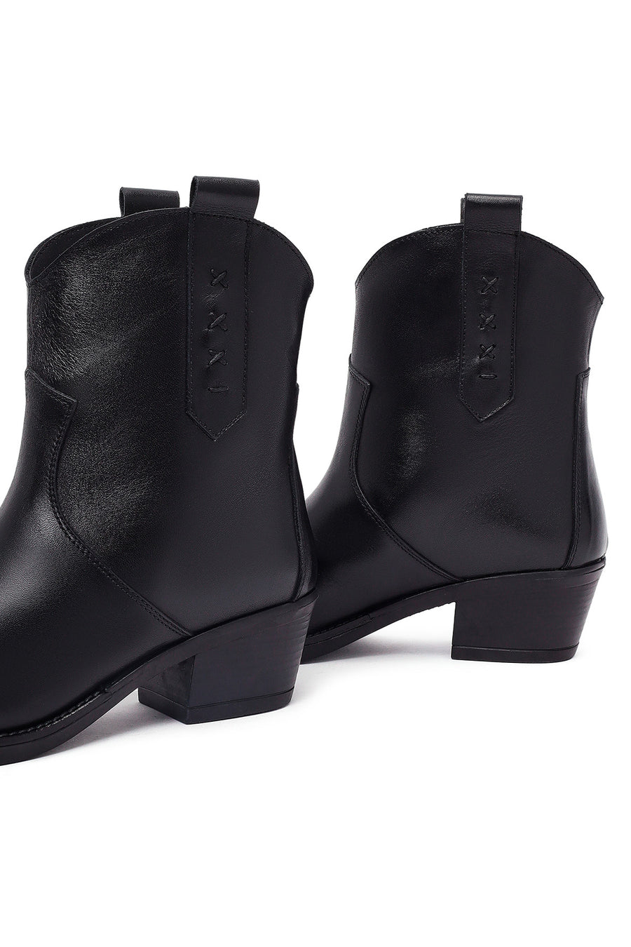 Women's Black Thick Heeled Leather Cowboy Boots