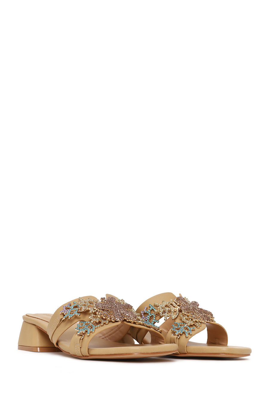 Woman Beige Embellished Thick Low Block-Heel Slipper