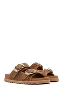 Women's Tan Double Buckle Straw Slippers | Derimod