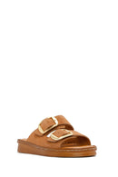 Women's Tan Buckle Suede Leather Comfort Slippers | Derimod