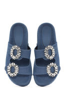 Women's Blue Stone Fabric Slippers | Derimod