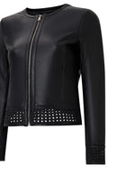 Becky Woman Black Short Leather Jacket with Woven Detail | Derimod
