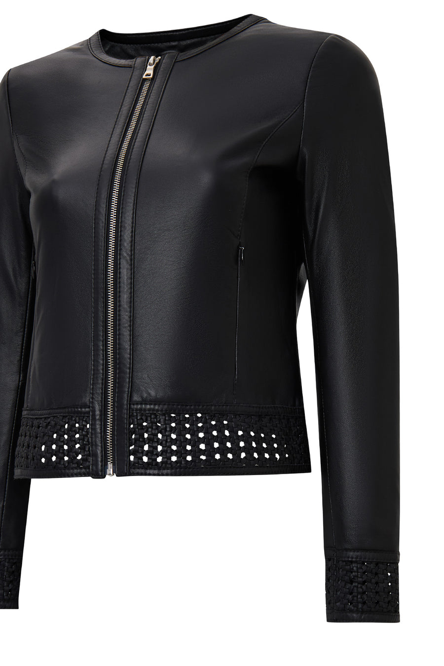 Becky Woman Black Short Leather Jacket with Woven Detail