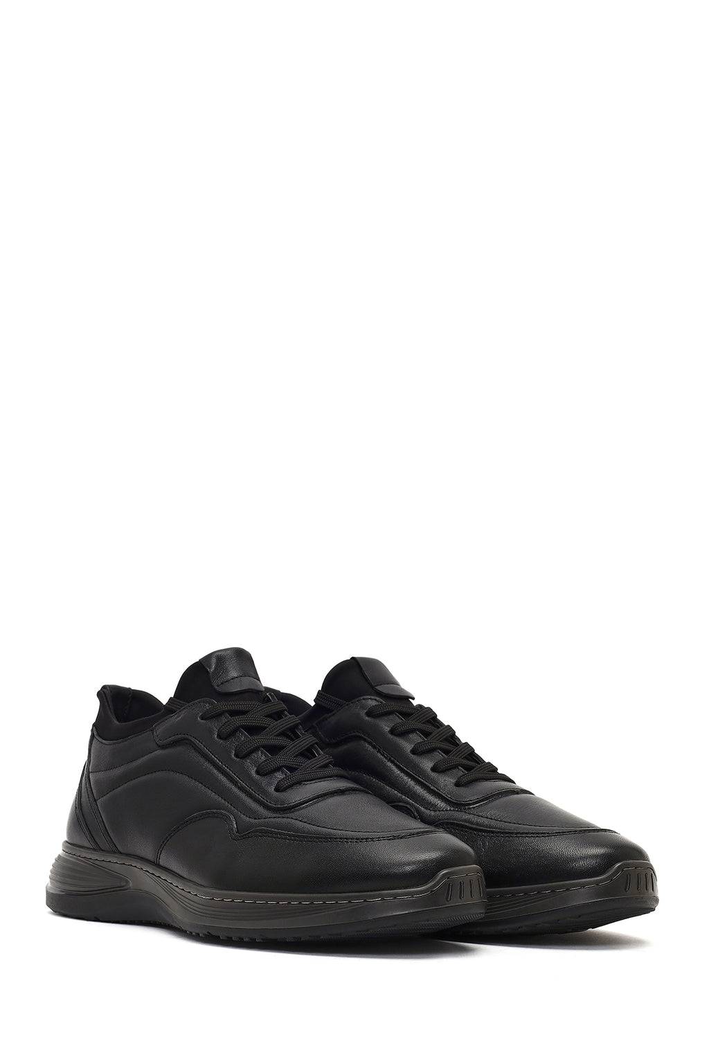 Erkek Siyah Bağcıklı Kalın Tabanlı Deri Casual Sneaker