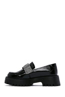 Women's Black Patent Leather Stone Masculine Loafer | Derimod