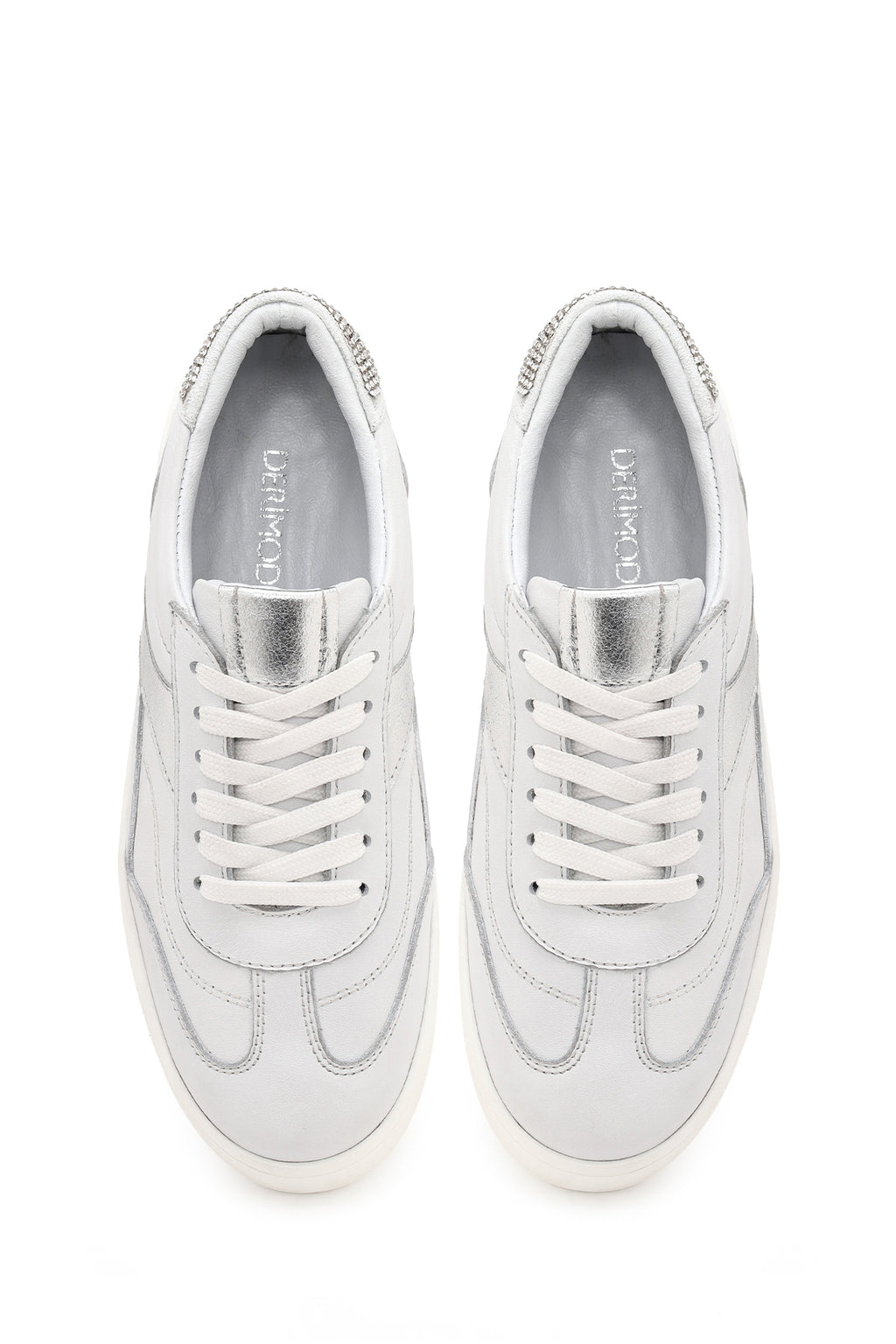 Kadın Beyaz Bağcıklı Kalın Tabanlı Taşlı Deri Sneaker
