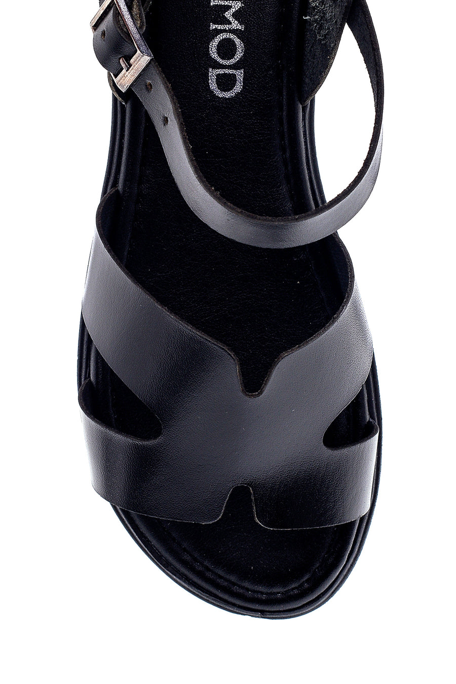 Women's Black Leather Flat Sandals