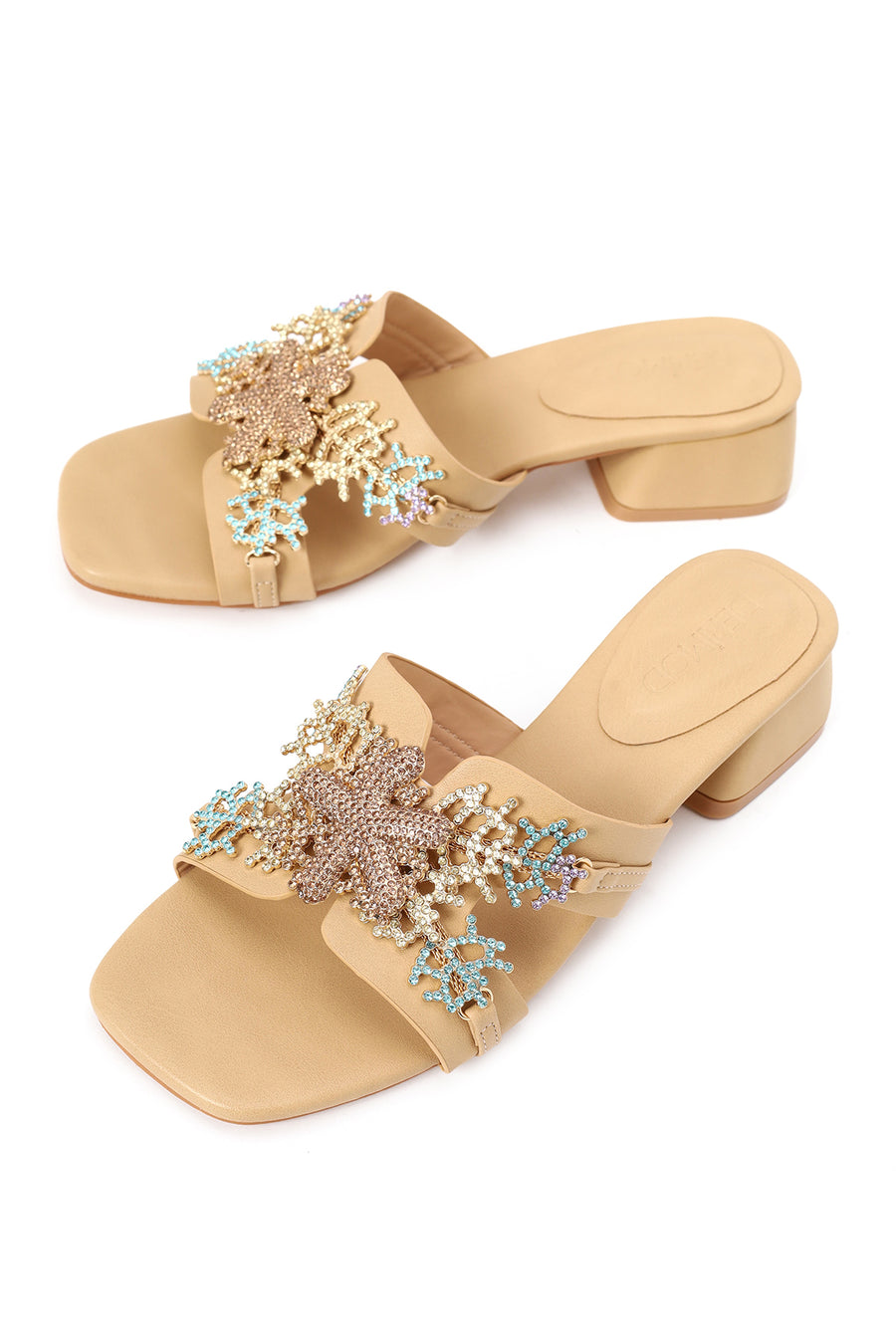 Woman Beige Embellished Thick Low Block-Heel Slipper