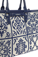 Woman Navy Patterned Fabric Long-Strap Shoulder Bag | Derimod