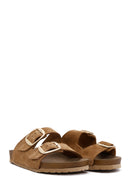 Women's Tan Suede Leather Double Buckle Flat Slippers | Derimod