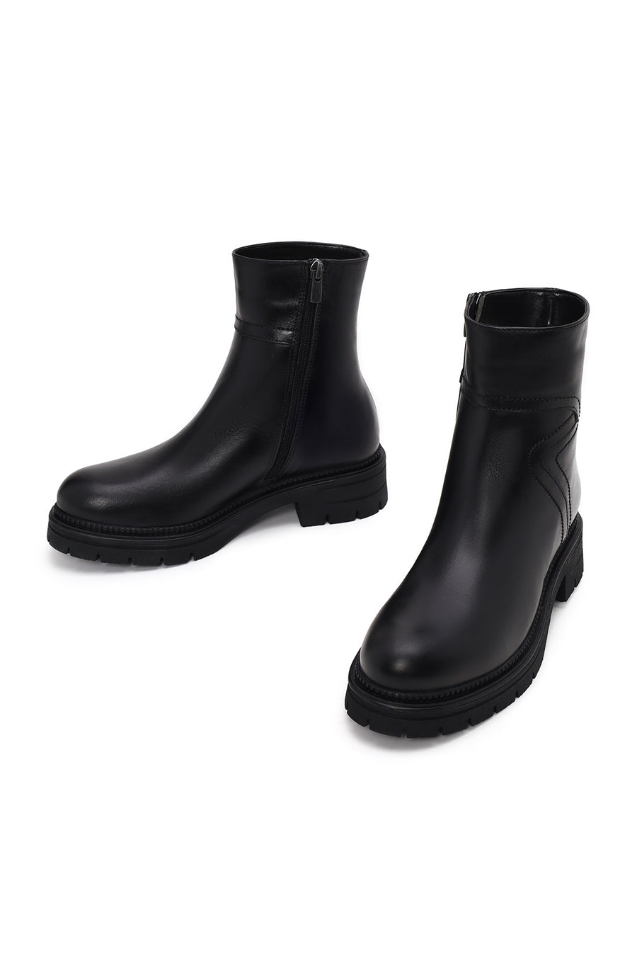 Woman Black Zip Closure Thick-Soled Leather Casual Boots