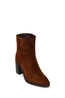 Woman Walnut Zip Closure Chunky Heeled Suede Boots | Derimod