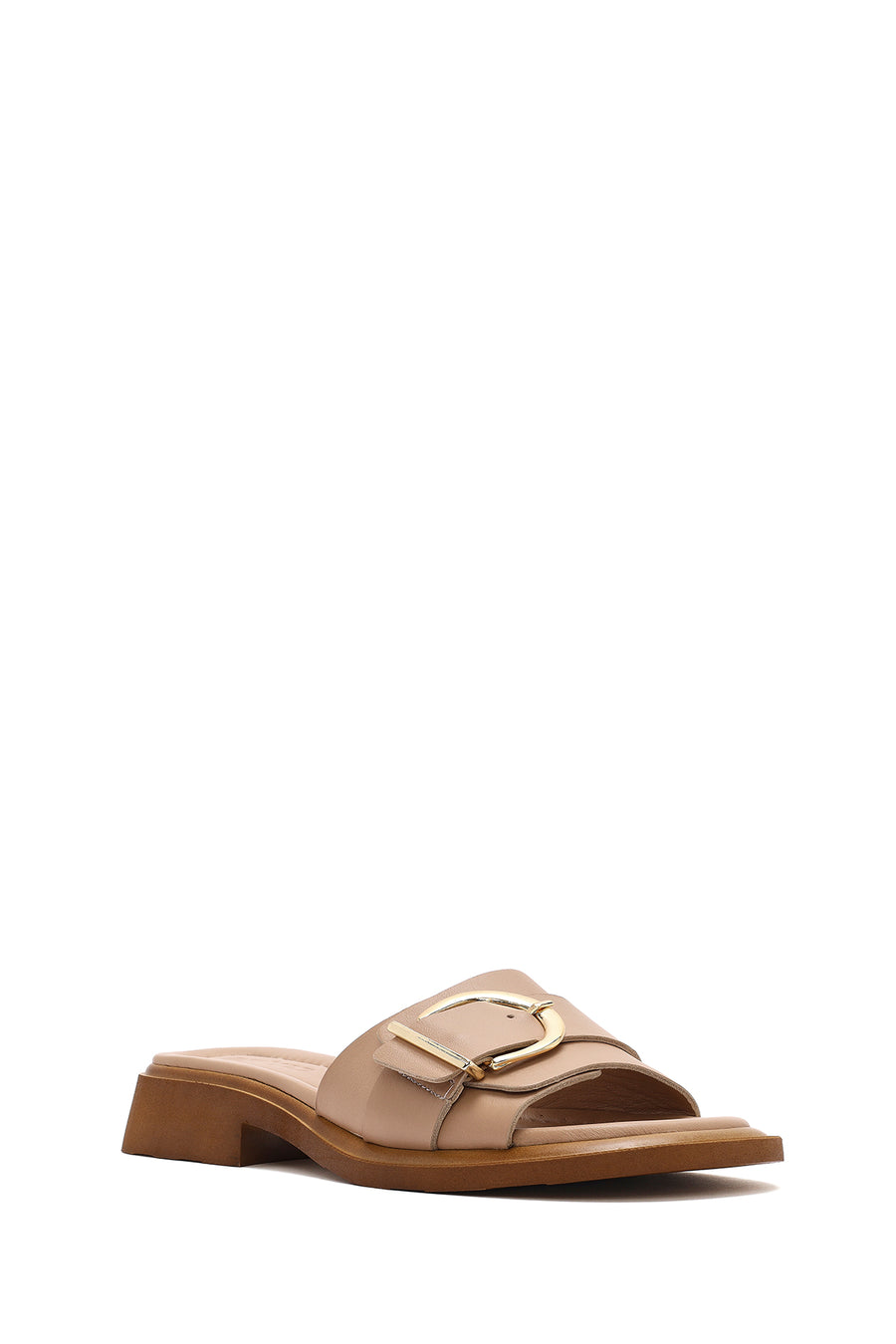 Women's Beige Buckled Leather Slippers