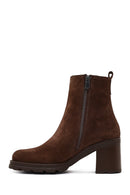 Woman Brown Zip Closure Chunky Heeled Suede Boots | Derimod
