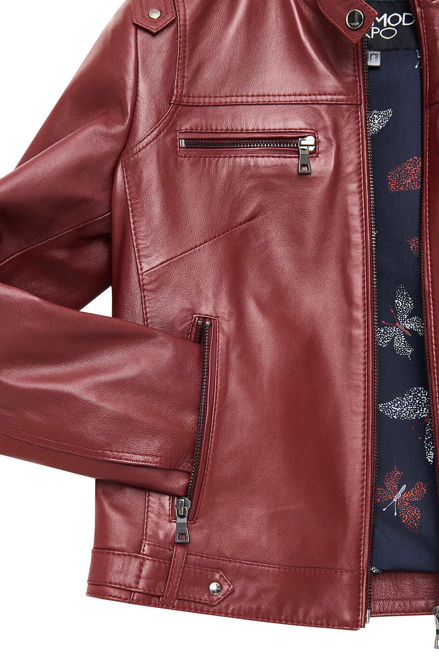 Vicky Women's Burgundy Mandarin Collar Short Leather Jacket