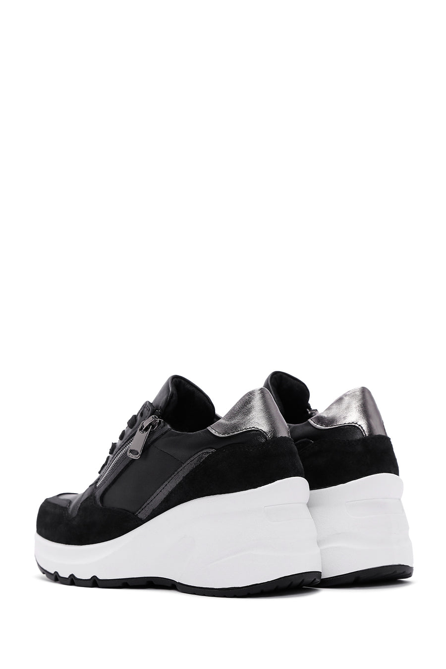 Women's Black Leather Thick Soled Sneaker