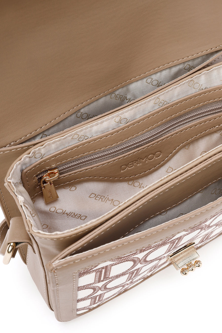 Women's Beige Long Strap Fabric Monogram Patterned Crossbody Bag