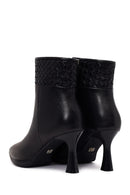 Woman Black Zip Closure Braided Thin-Heeled Leather Boots | Derimod