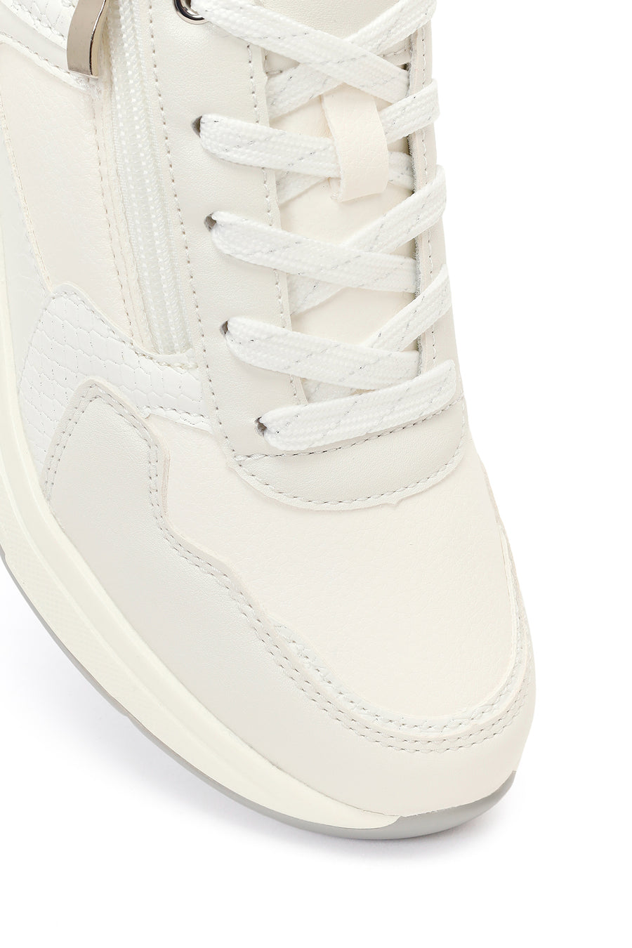 Woman White Side-Zip Lace-Up Thick-Sole Sneakers