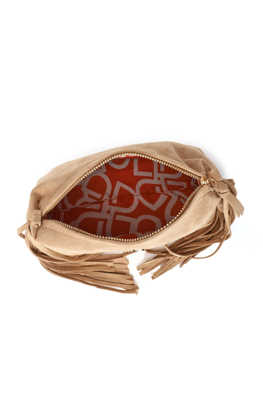 Woman Beige Suede Shoulder Bag with Long Chain Strap and Tassel