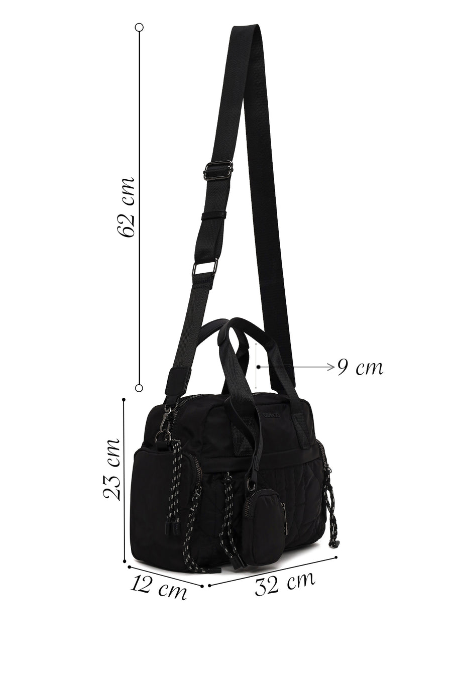 Woman Black Long-Strap Accessory-Detail Fabric Shoulder Bag