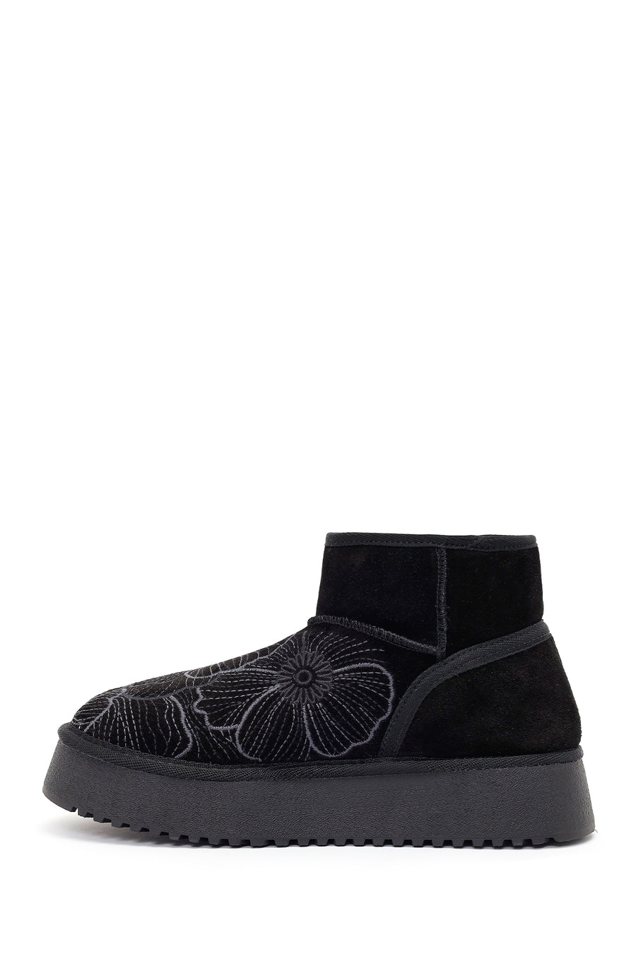 Woman Black Patterned Chunky Sole Suede Teddy Boots