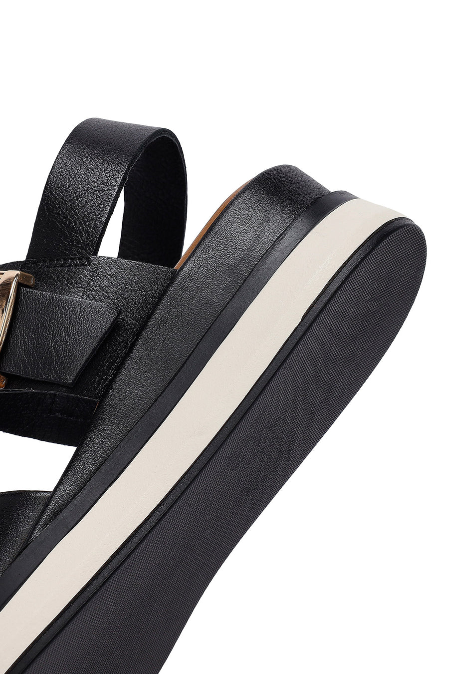 Women's Black Ankle Buckle Thick Soled Leather Sandals