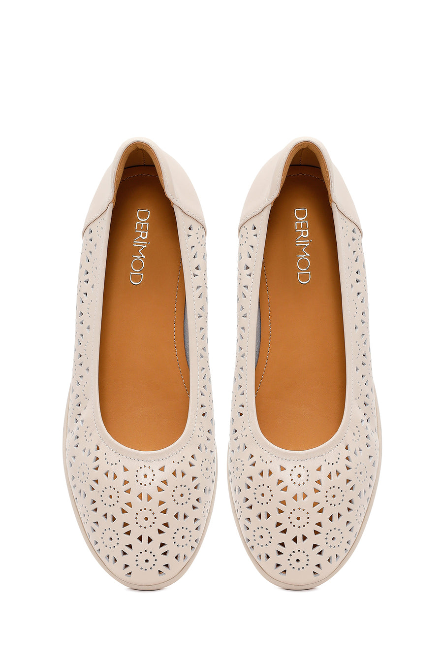 Women's Cream Patterned Leather Ballet Flats