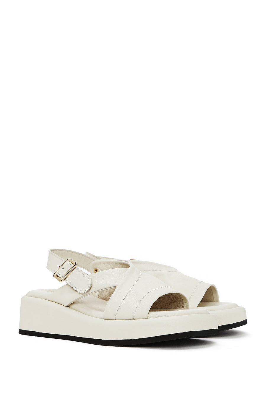 Women's Beige Ankle Buckle Thick Soled Leather Sandals