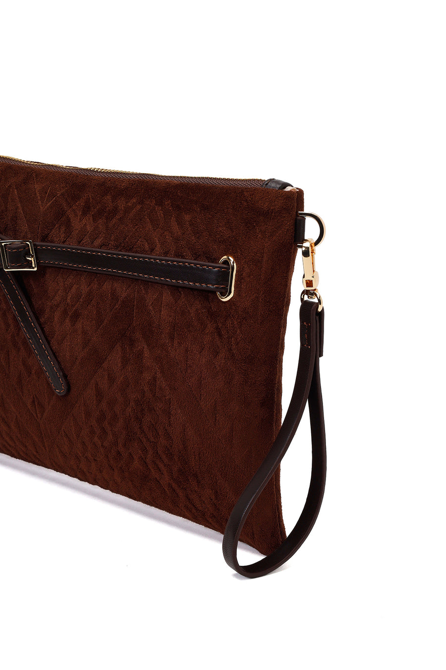 Woman Brown Printed Suede Clutch Bag with Long Chain Strap