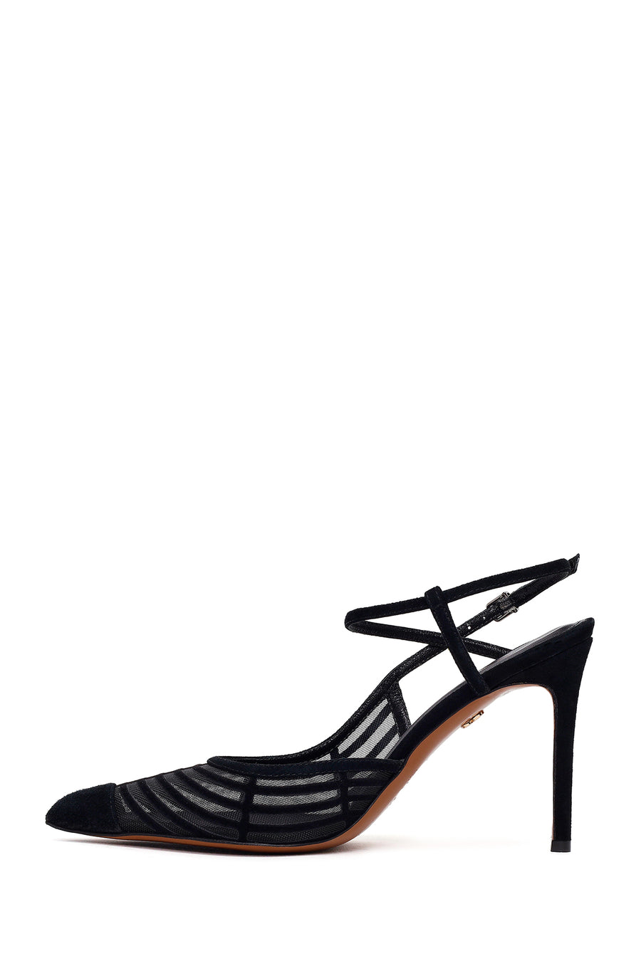 Woman Black Ankle-Buckle High Slim-Heel Leather Shoes