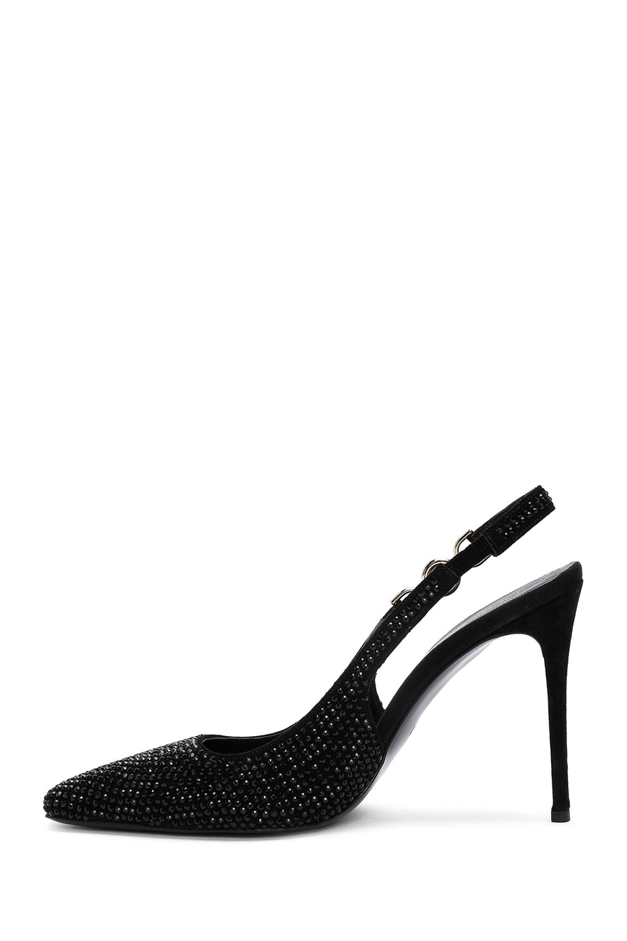 Women's Black Stoned Slingback Heeled Leather Shoes