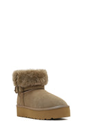 Women's Beige Thick-Soled Fur Detailed Suede Leather Teddy Boot | Derimod
