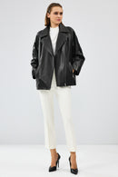 Adriana Women's Black Double Collar Leather Jacket | Derimod