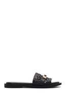 Women's Black Knit Leather Slippers | Derimod