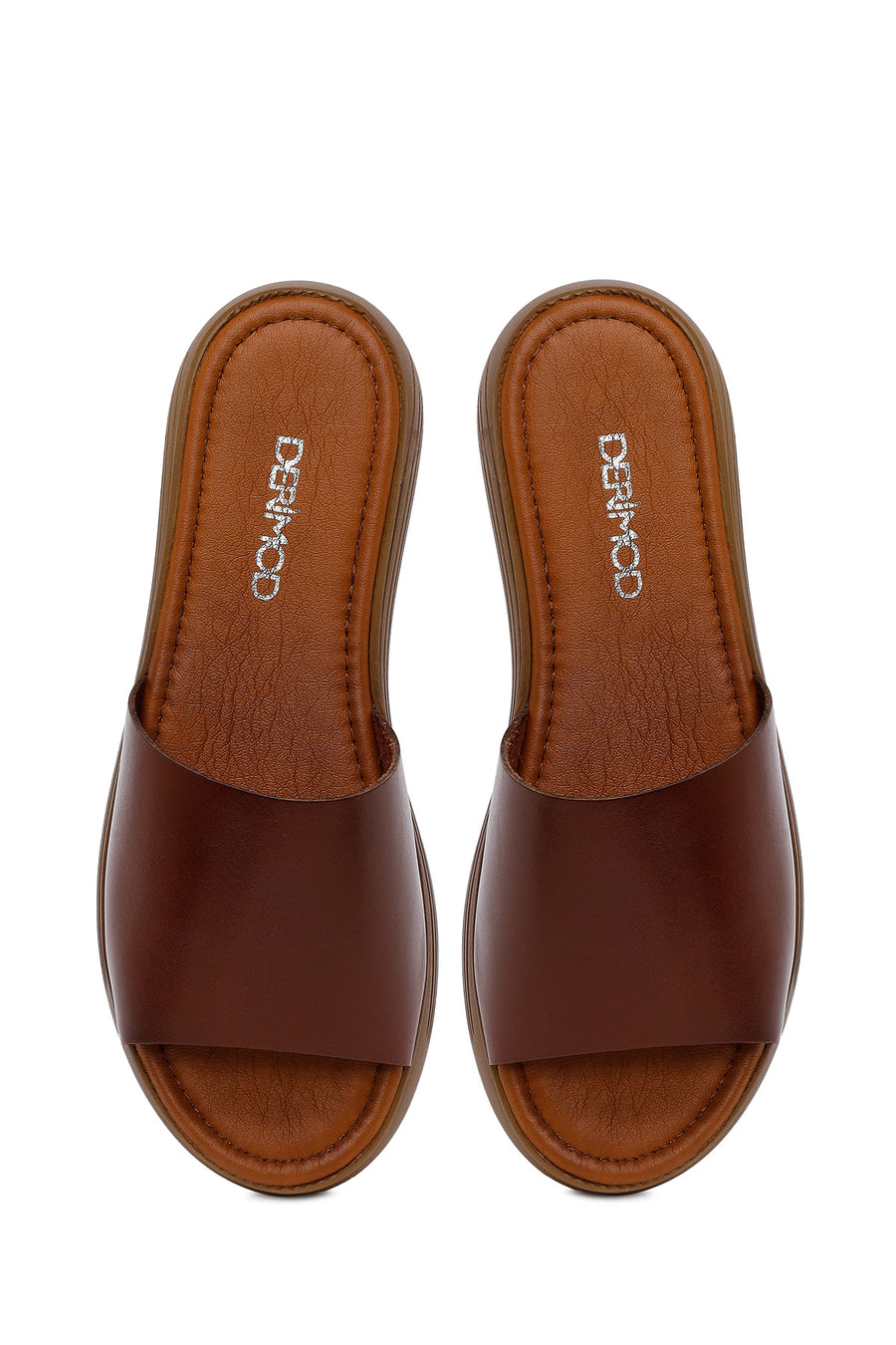 Women's Brown Thick Soled Leather Slippers